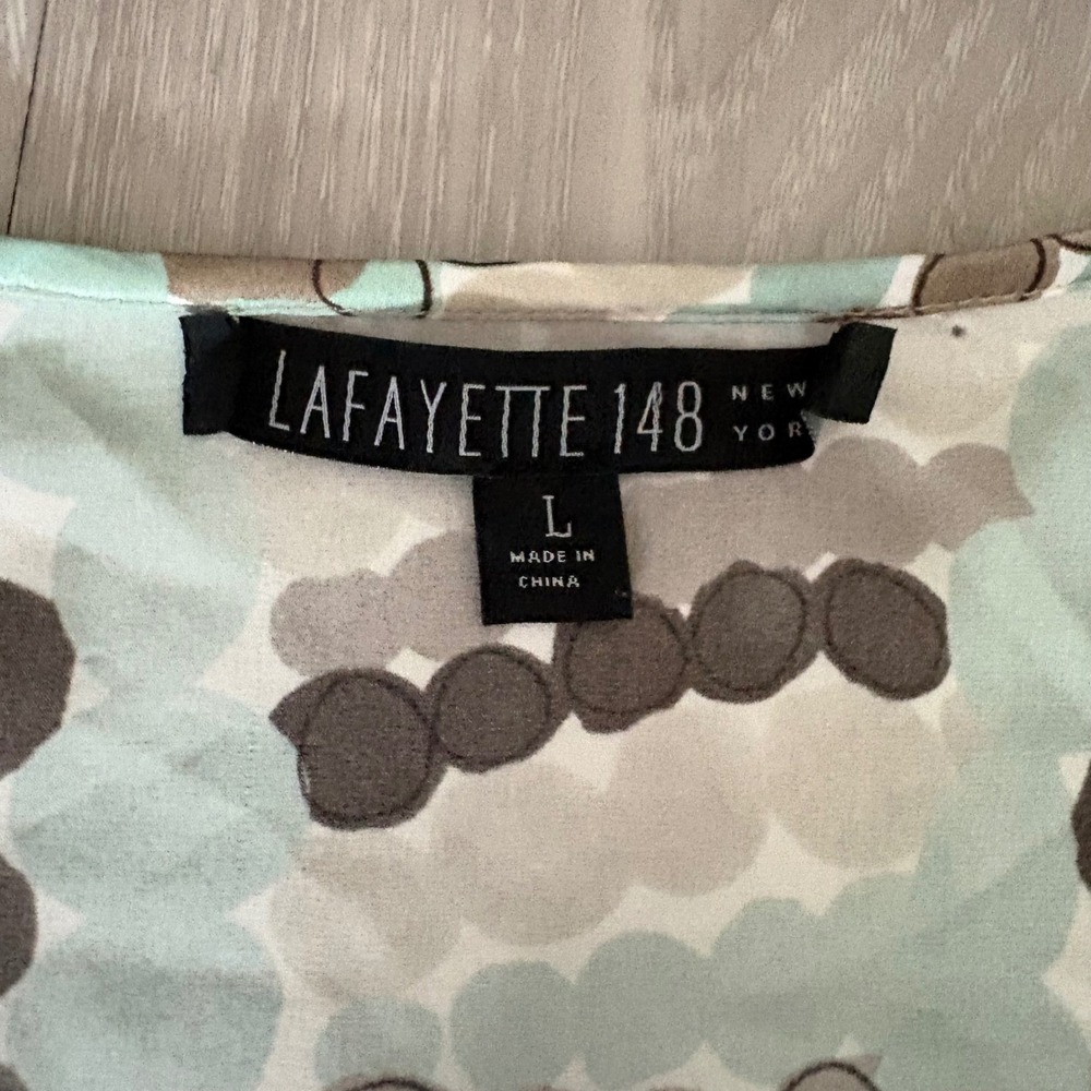Lafayette 148 New York Women Blouse Silk Geometric Circle Print Teal Brown Siz L - Picture 3 of 9